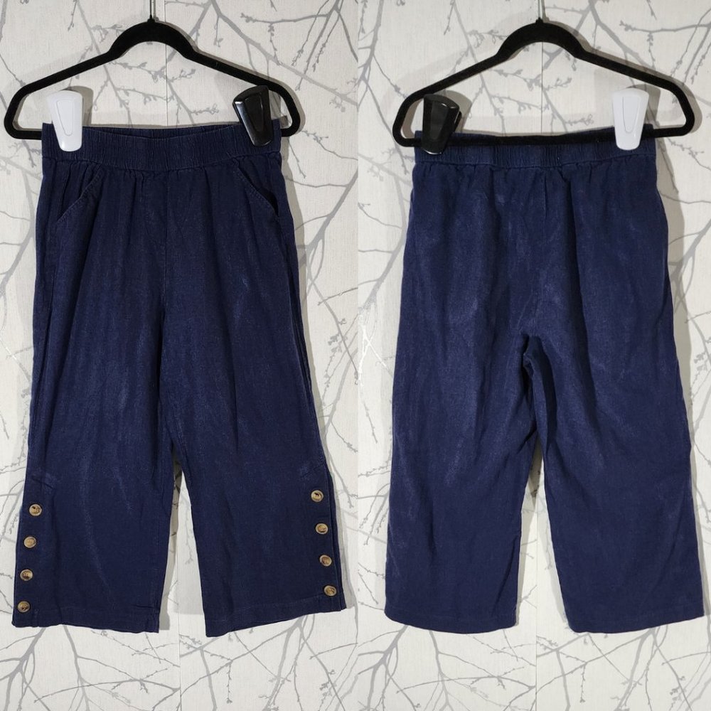 Land 'n Sea Navy Linen Blend High Rise Button Cuff Capri Pants